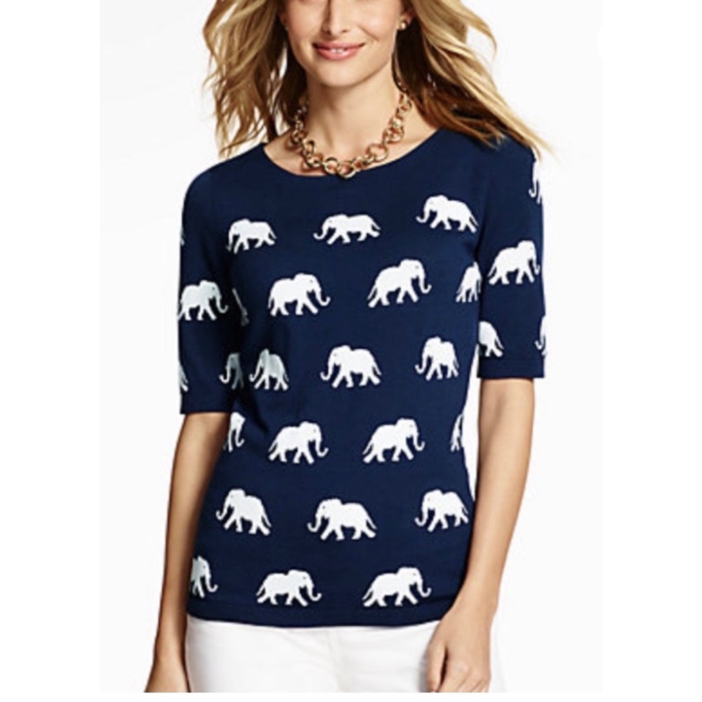 Talbots Women's Navy Blue White Elephant Print Short Sleeve Knit Sweater Large